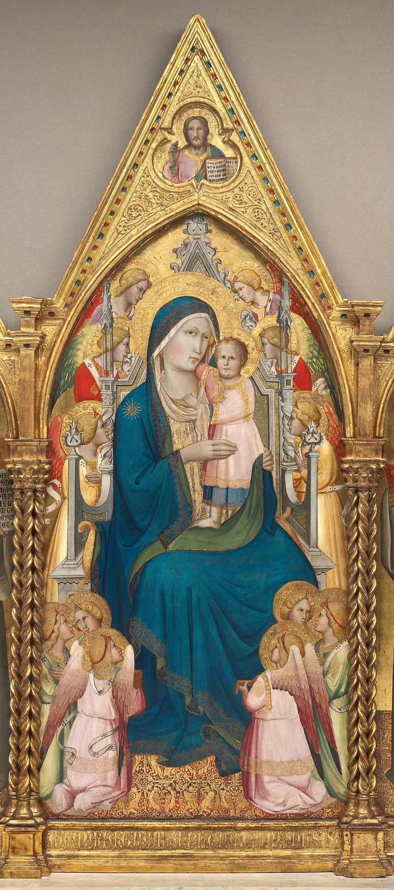 Virgem com o Menino no trono com doze anjos e Cristo abençoando [painel central] - Agnolo Gaddi