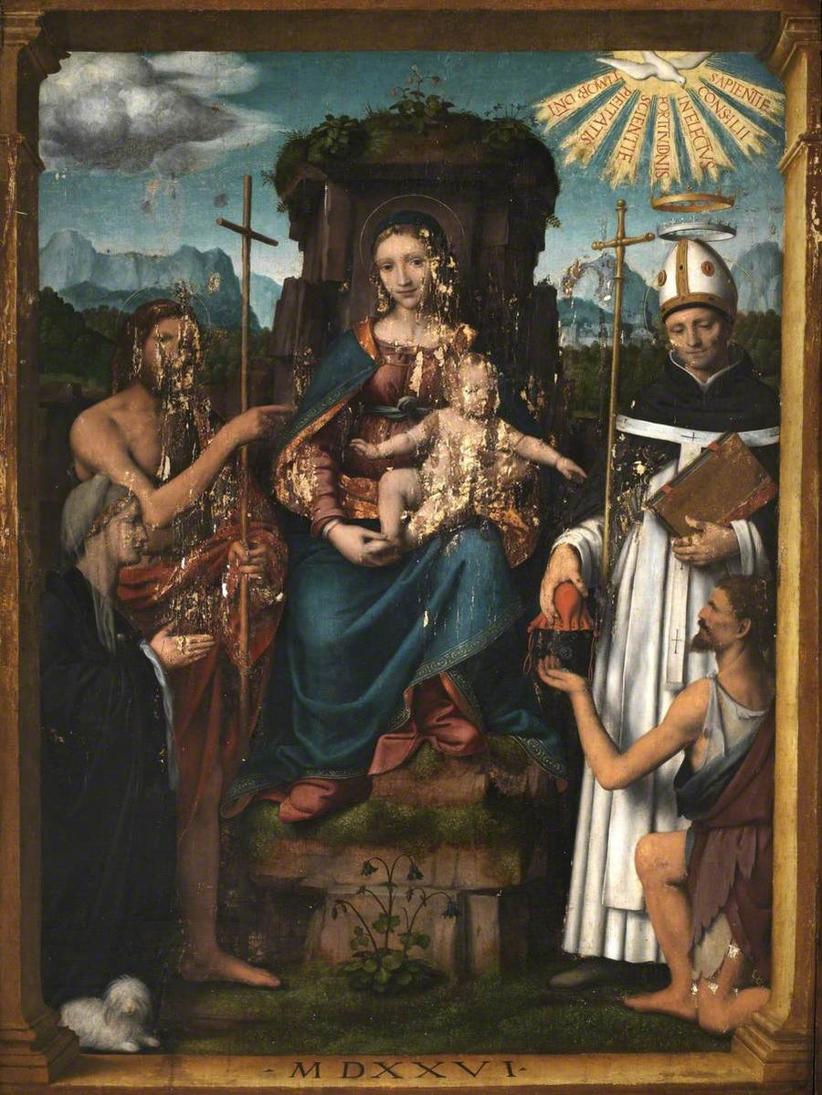 Virgem com o Menino em trono com São João Batista, São Antonino, uma doadora e um mendigo - Bernardino Luini