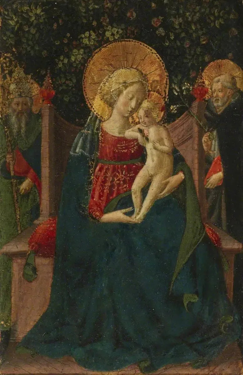 Virgem com o Menino em trono entre São Domingos e um santo papal (antigamente atribuído a Domenico di Michelino) - Benozzo Gozzoli