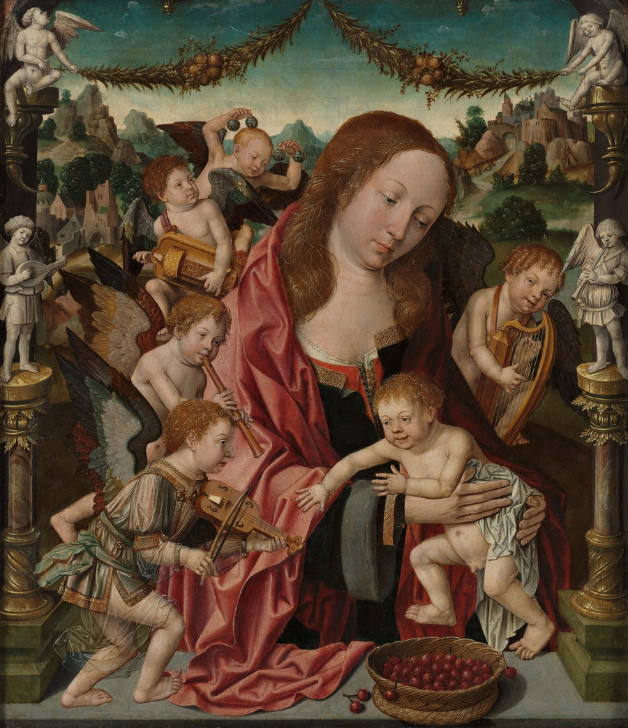 Virgem e criança com anjos músicos - Jacob Cornelisz van Oostsanen