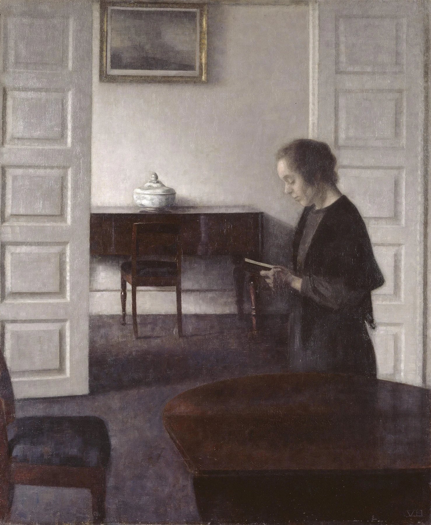 Intérieur avec une femme lisant, peinture de Vilhelm Hammershøi
