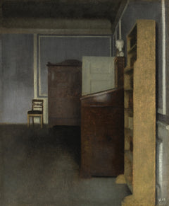 Sala com estantes e escritório - Vilhelm Hammershøi