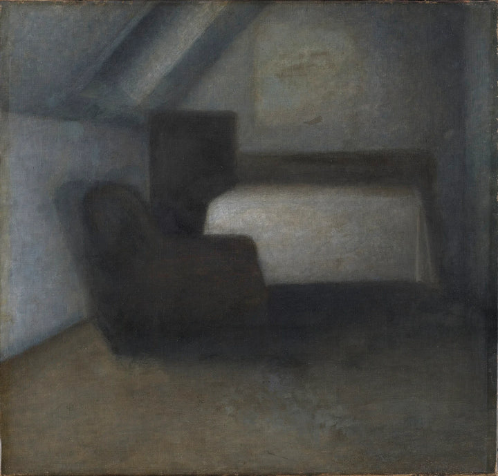 Sótão com mesa e cadeira - Vilhelm Hammershøi