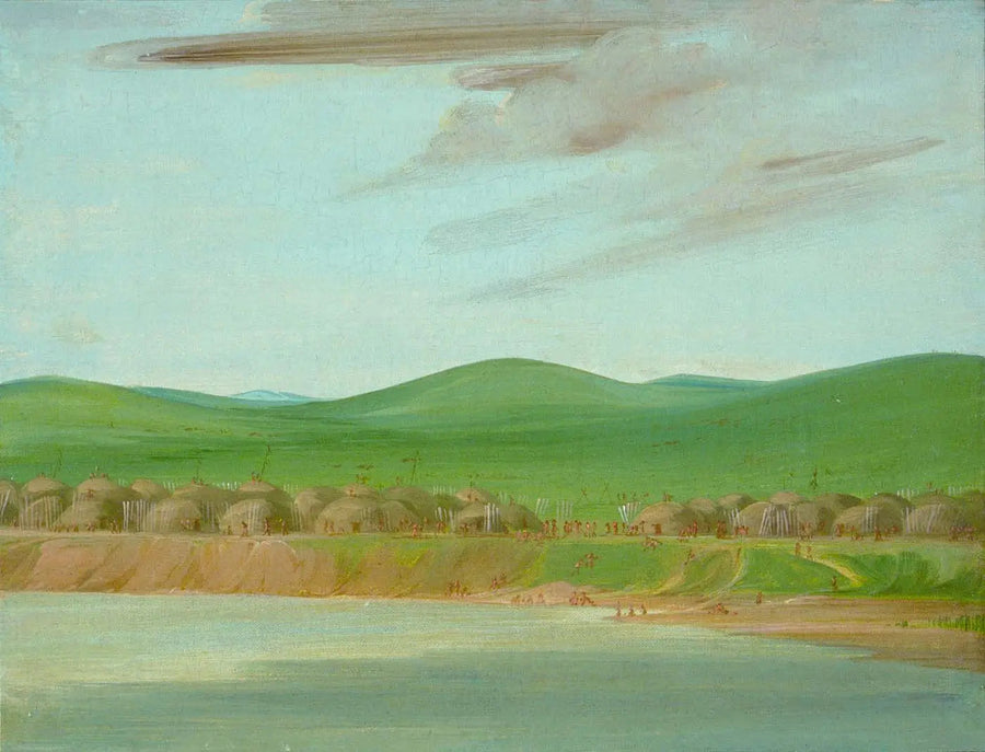 Aldeia Arikara de cabanas cobertas de terra, a 2.600 km acima de Saint-Louis - George Catlin