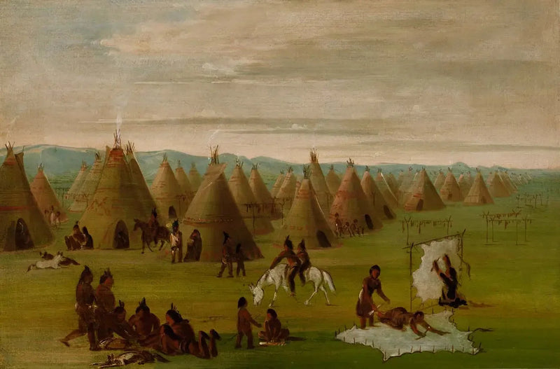 Vila Comanche, mulheres preparando seus vestidos e secando a carne - George Catlin