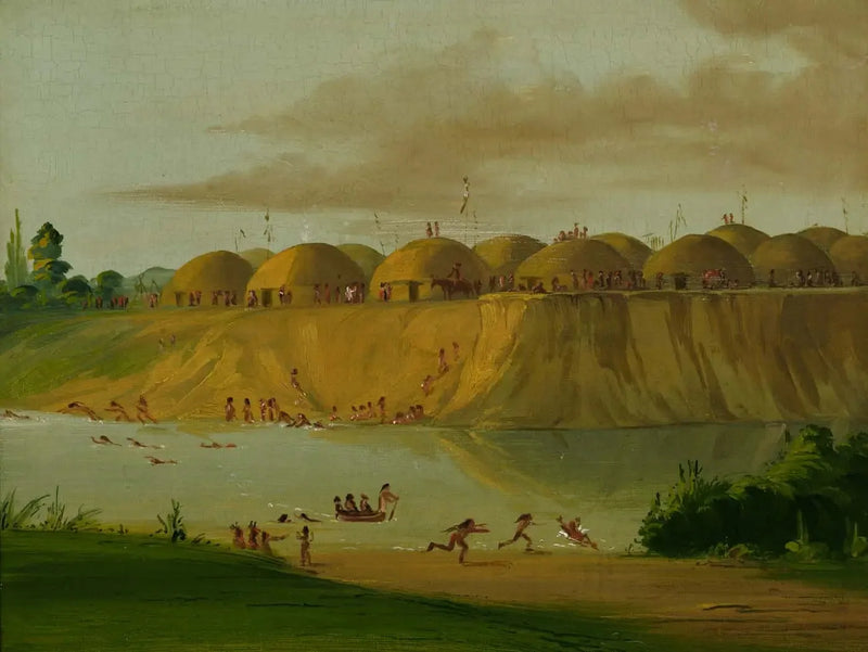 Aldeia Hidatsa, cabanas cobertas de terra, às margens do rio Knife, a 1810 milhas acima de Saint-Louis - George Catlin