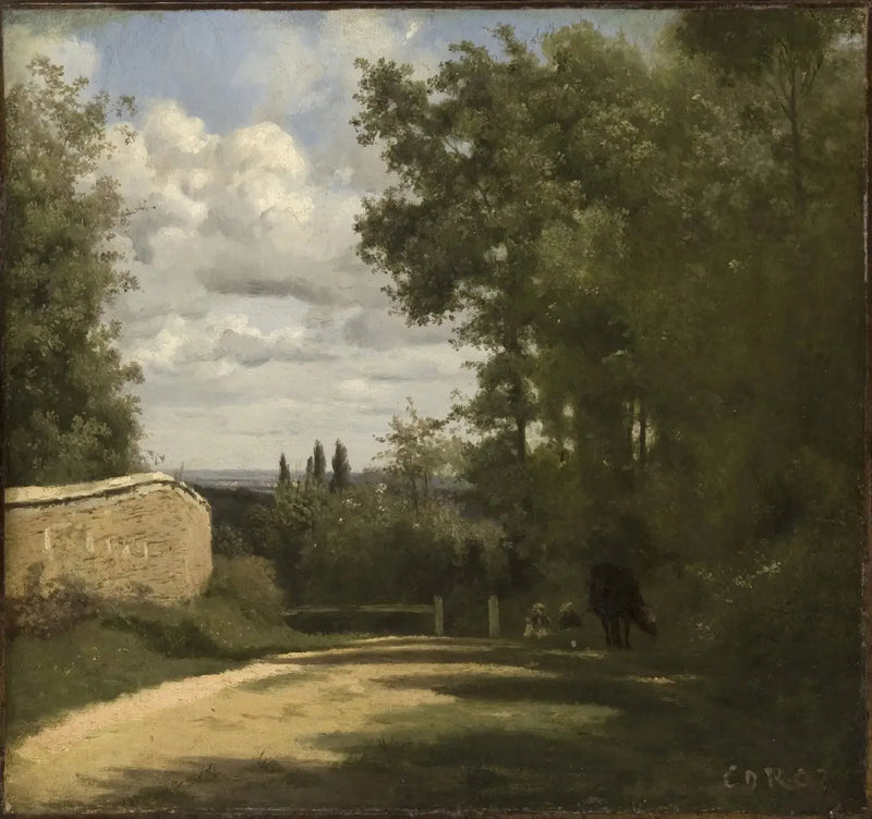 Ville d'Avray, caminho ladeado por um muro que leva aos lagos - Jean-Baptiste Camille Corot