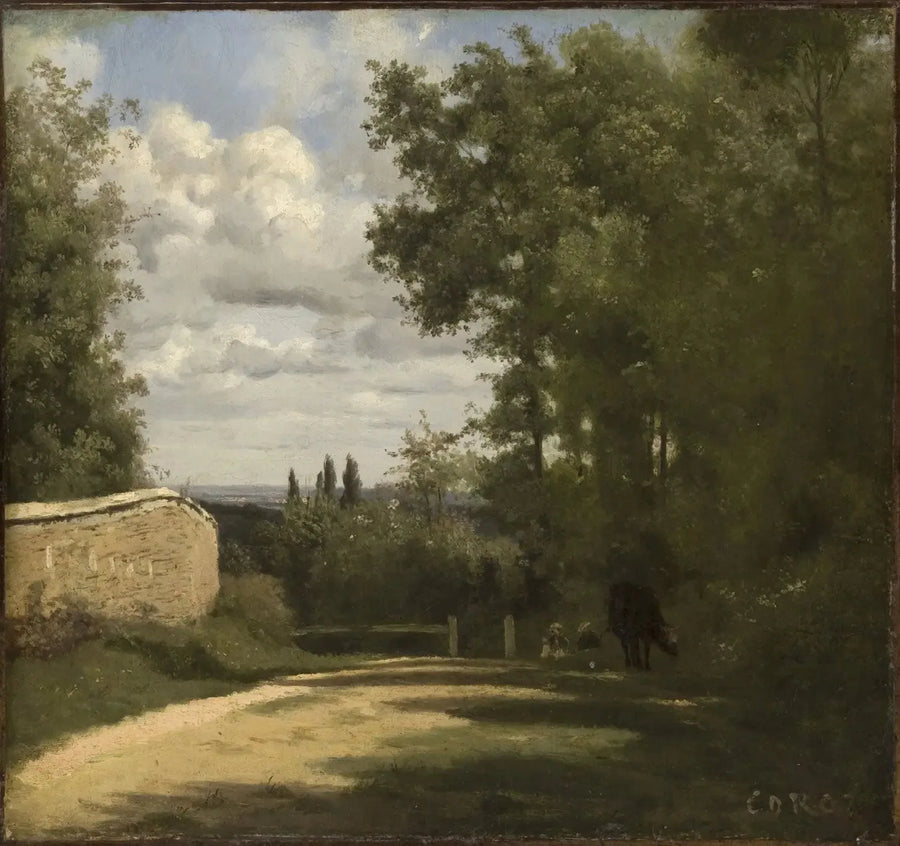 Ville d'Avray, caminho ladeado por um muro que leva aos lagos - Jean-Baptiste Camille Corot