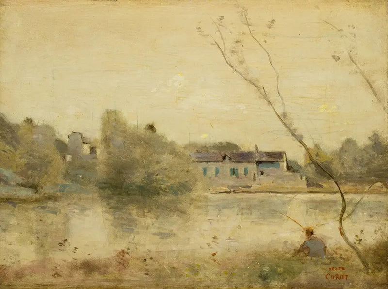 Ville-d'Avray. O lago, pequenas árvores inclinadas em primeiro plano - Jean-Baptiste Camille Corot