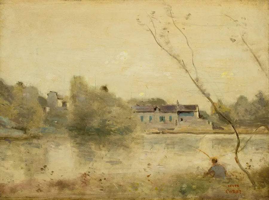 Ville-d'Avray. O lago, pequenas árvores inclinadas em primeiro plano - Jean-Baptiste Camille Corot