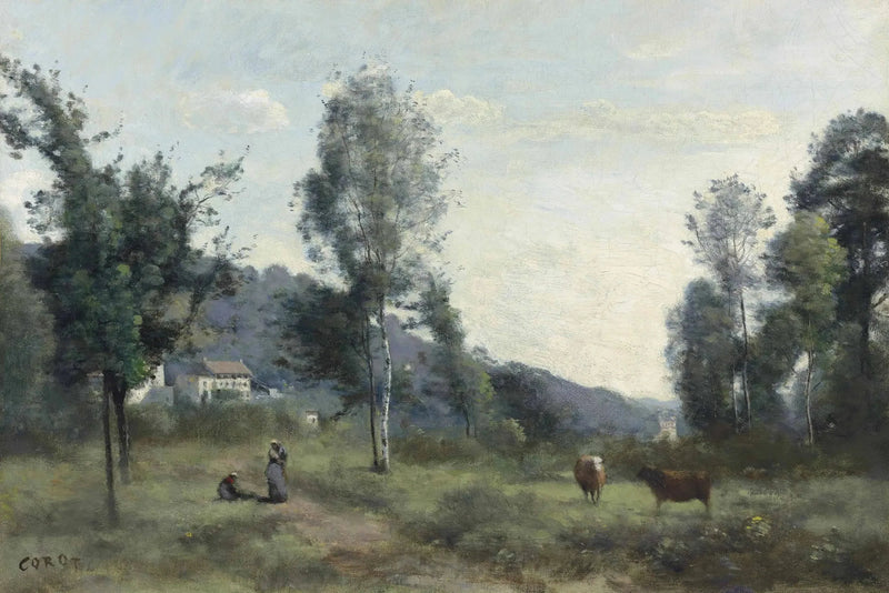 Ville d'Avray, pasto com, ao fundo, uma encosta na neblina - Jean-Baptiste Camille Corot