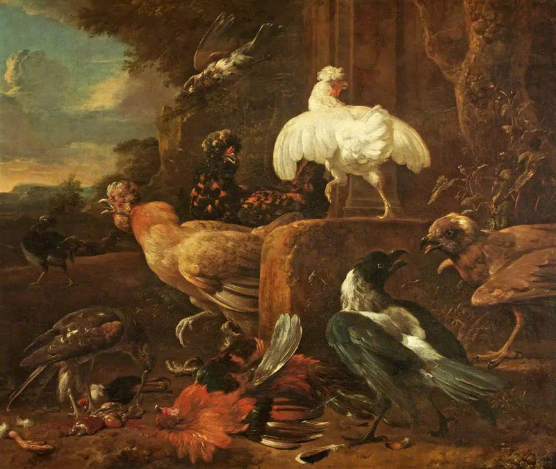 Aves de rapina atacando uma ave de capoeira em uma paisagem - Melchior de Hondecoeter