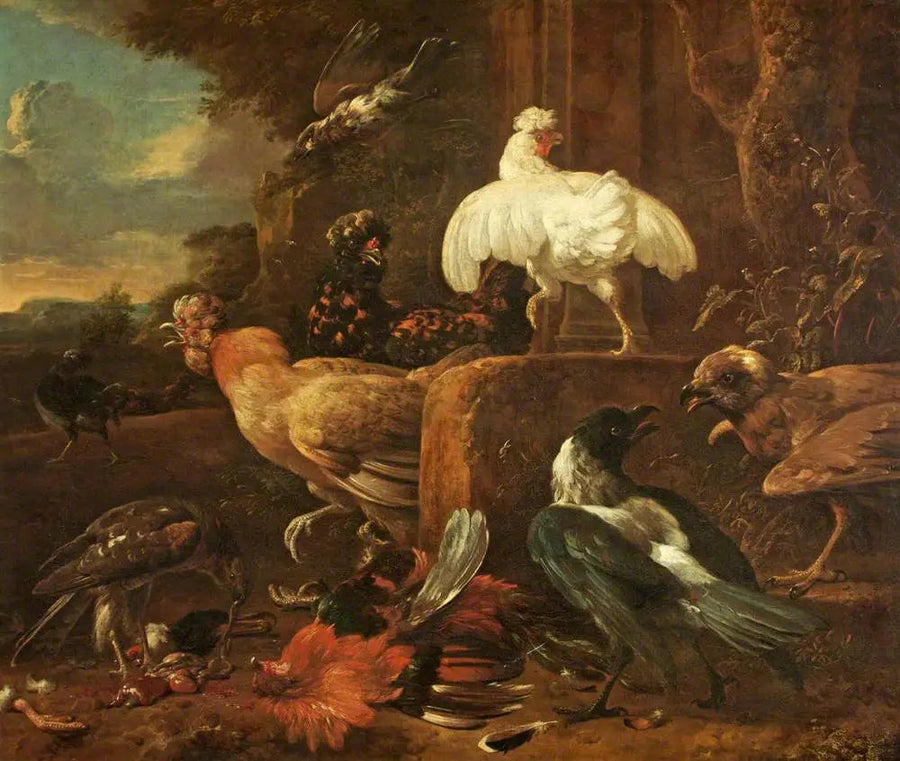 Aves de rapina atacando uma ave de capoeira em uma paisagem - Melchior de Hondecoeter