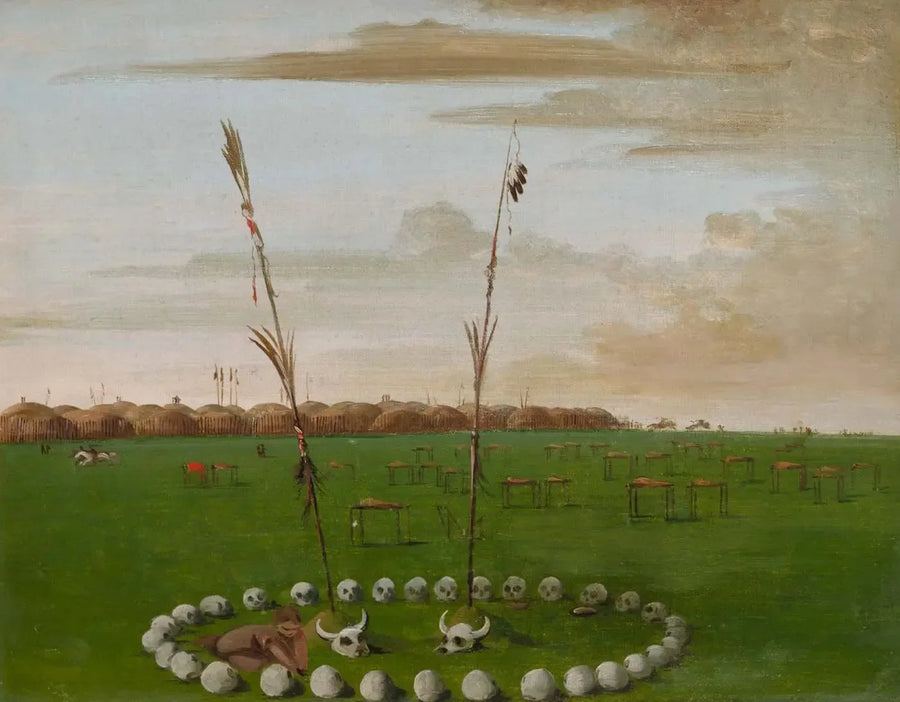 Vista traseira da vila de Mandan, mostrando o cemitério - George Catlin