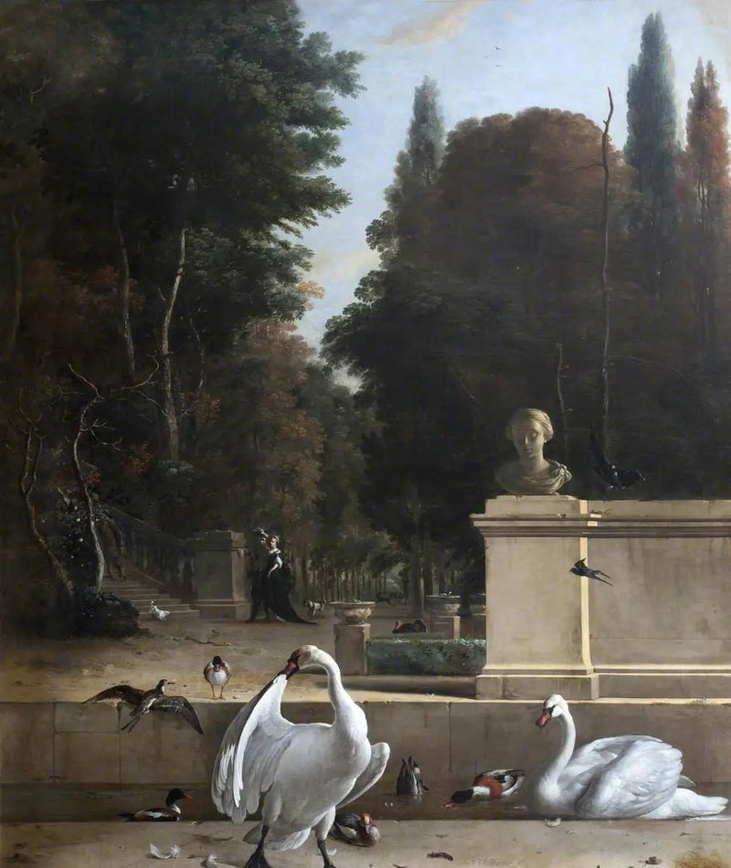 Vista de um parque com cisnes e patos - Melchior de Hondecoeter