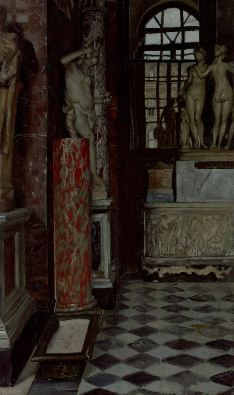 Vista de uma sala de antiguidades gregas, romanas e etruscas (sala nº 9) no Louvre - James Tissot