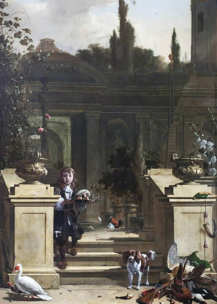 Vista de uma varanda com uma escada descendente - Melchior de Hondecoeter