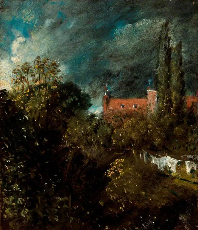 Vista em um jardim, com uma casa vermelha ao fundo - John Constable