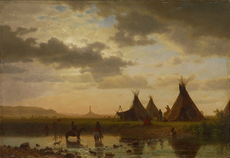 Vista de Chimney Rock, vila Sioux de Ohalilah ao primeiro plano - Albert Bierstadt