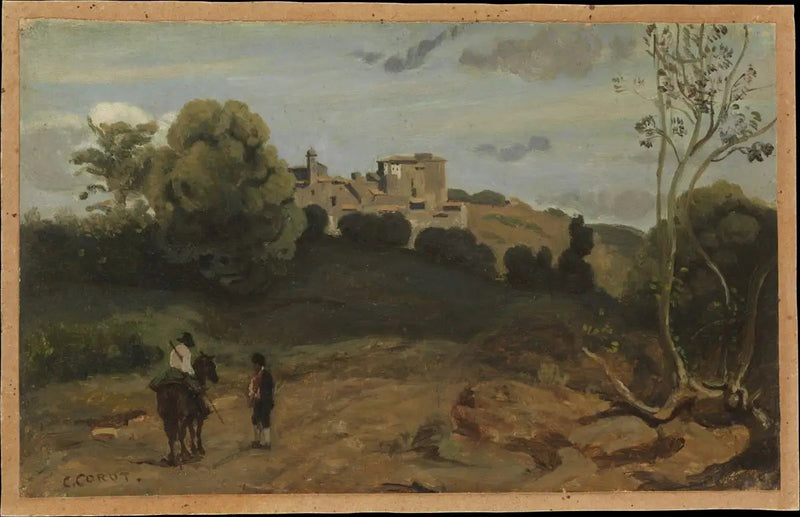 Vista de Genzano com um cavaleiro e um camponês - Jean-Baptiste Camille Corot