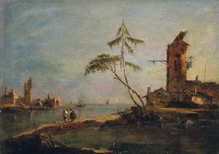 Vista da entrada de um canal com duas torres - Francesco Guardi