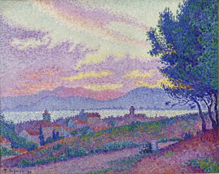Vista de Saint-Tropez, pôr do sol no bosque de pinheiros - Paul Signac