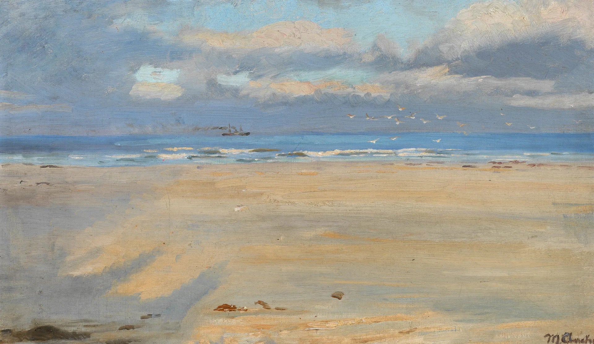 Vue depuis la plage de Skagen. Un navire à l'horizon. - Michael Peter Ancher image 1 reproduction de peinture à l’huile