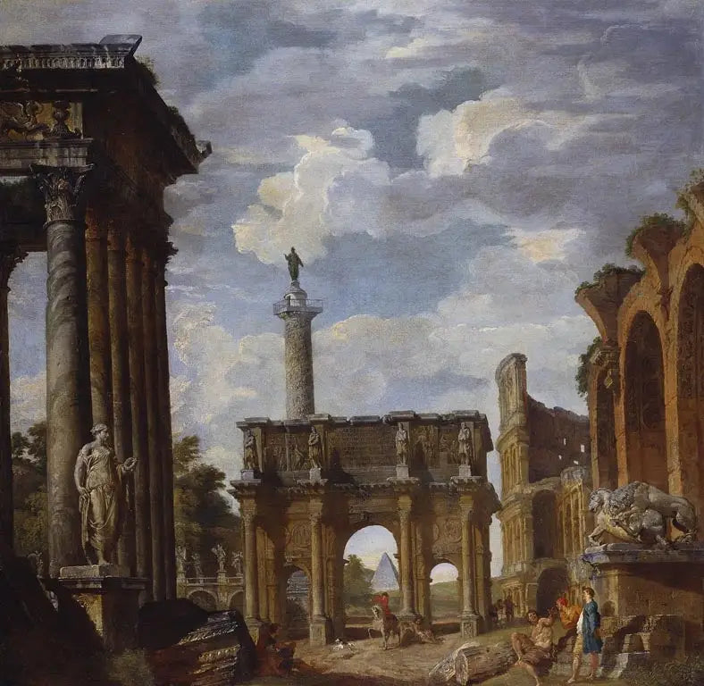 Vista do Caprice com Arco de Constantino e outras ruínas romanas - Giovanni Paolo Panini