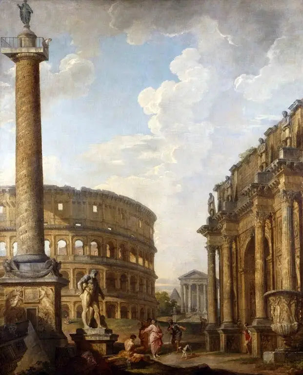 Vista do Caprice com a coluna Trajano e as ruínas romanas - Giovanni Paolo Panini