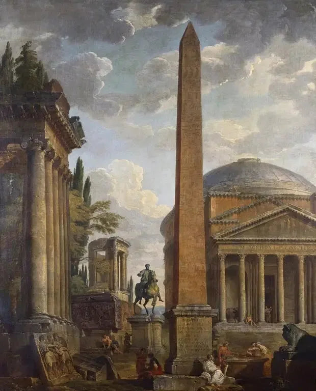 Vista do Capricho com o Panteão e as ruínas romanas - Giovanni Paolo Panini