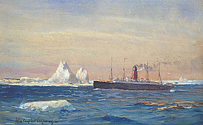 Vista do Carpathia passando ao longo dos icebergs após resgatar os sobreviventes do Titanic - Colin Campbell Cooper