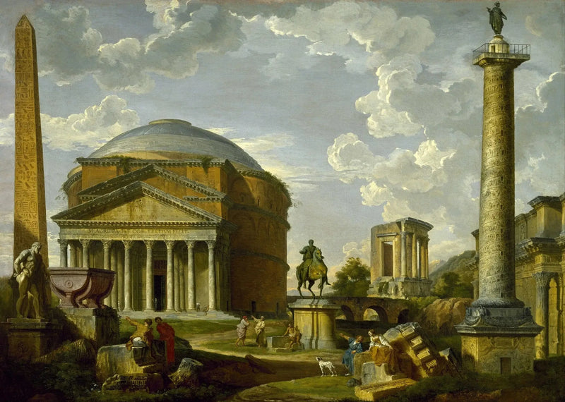 Vista fantástica do Panteão e de outros monumentos da Roma Antiga - Giovanni Paolo Panini