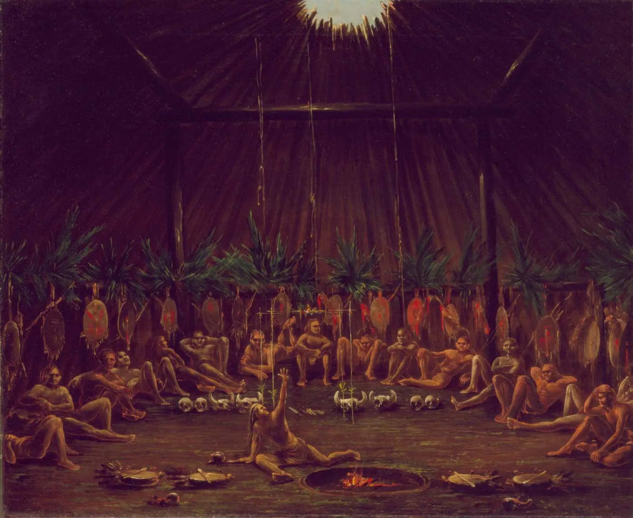 Vista interna do Medicine Lodge, cerimônia Mandan O-kee-pa - George Catlin