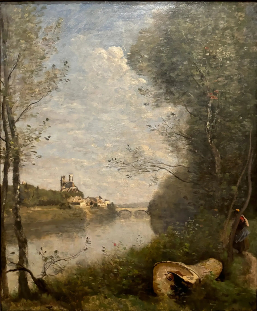 Vista distante da catedral de Mantes - Jean-Baptiste Camille Corot