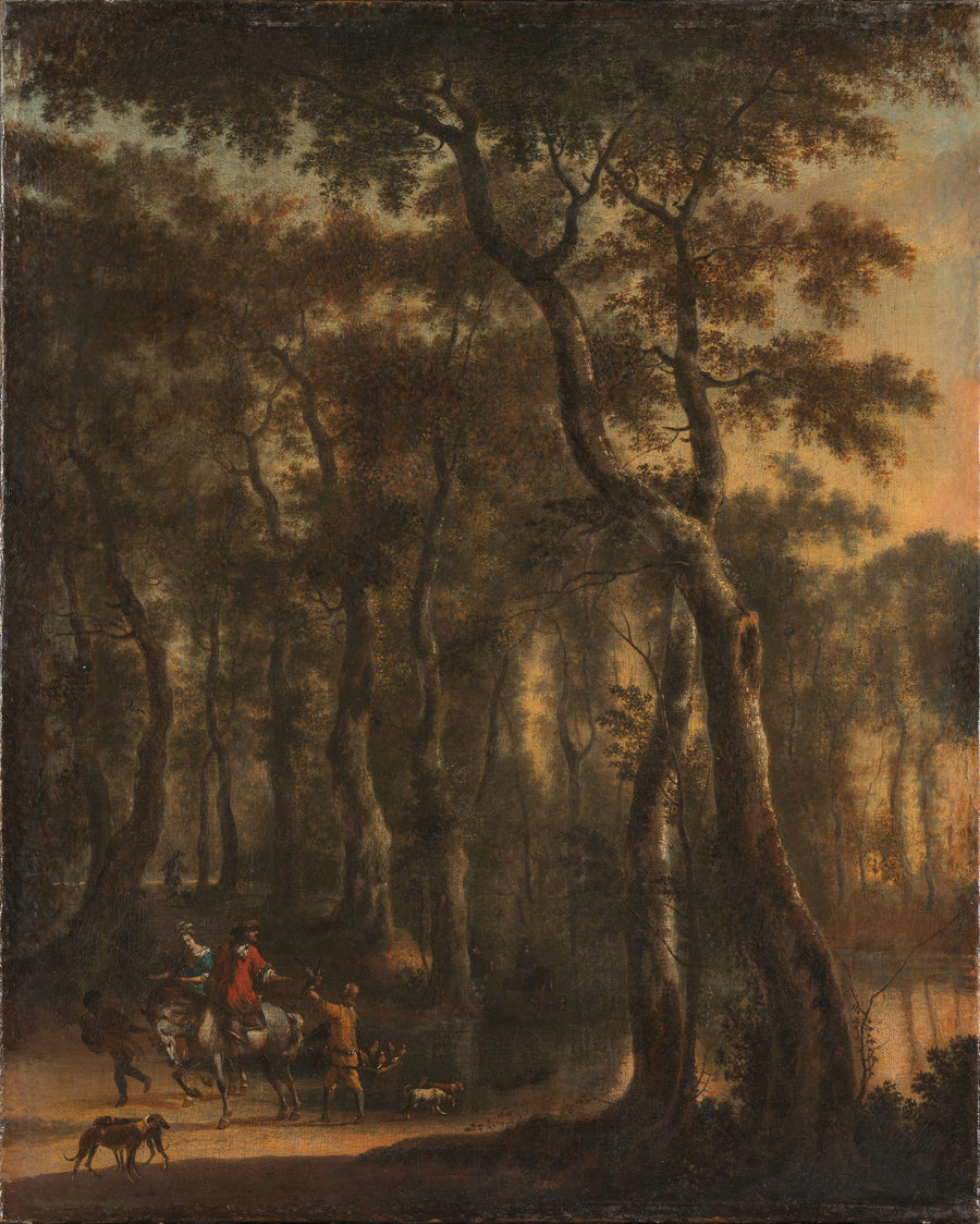 Vue sur forêt avec chasseurs - Jan Hackaert