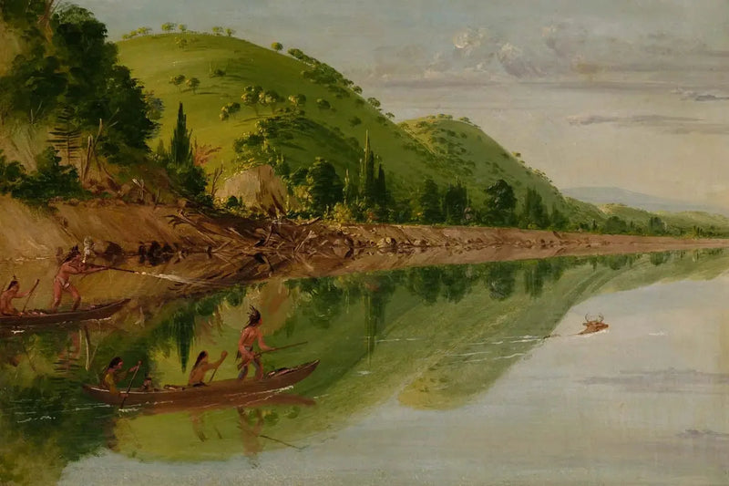 Vista do rio Saint-Pierre, dos índios Sioux perseguindo um cervo em seus canoas - George Catlin