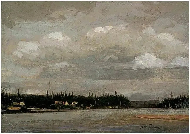 Vista de um lago: margem com casas - Tom Thomson