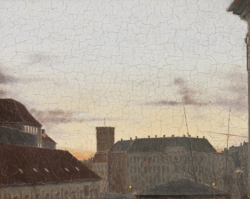 Vista para Gammelholm, com a torre da igreja de São Nicolau ao fundo. Noite de verão ensolarada em Copenhague. - Peder Severin Krøyer