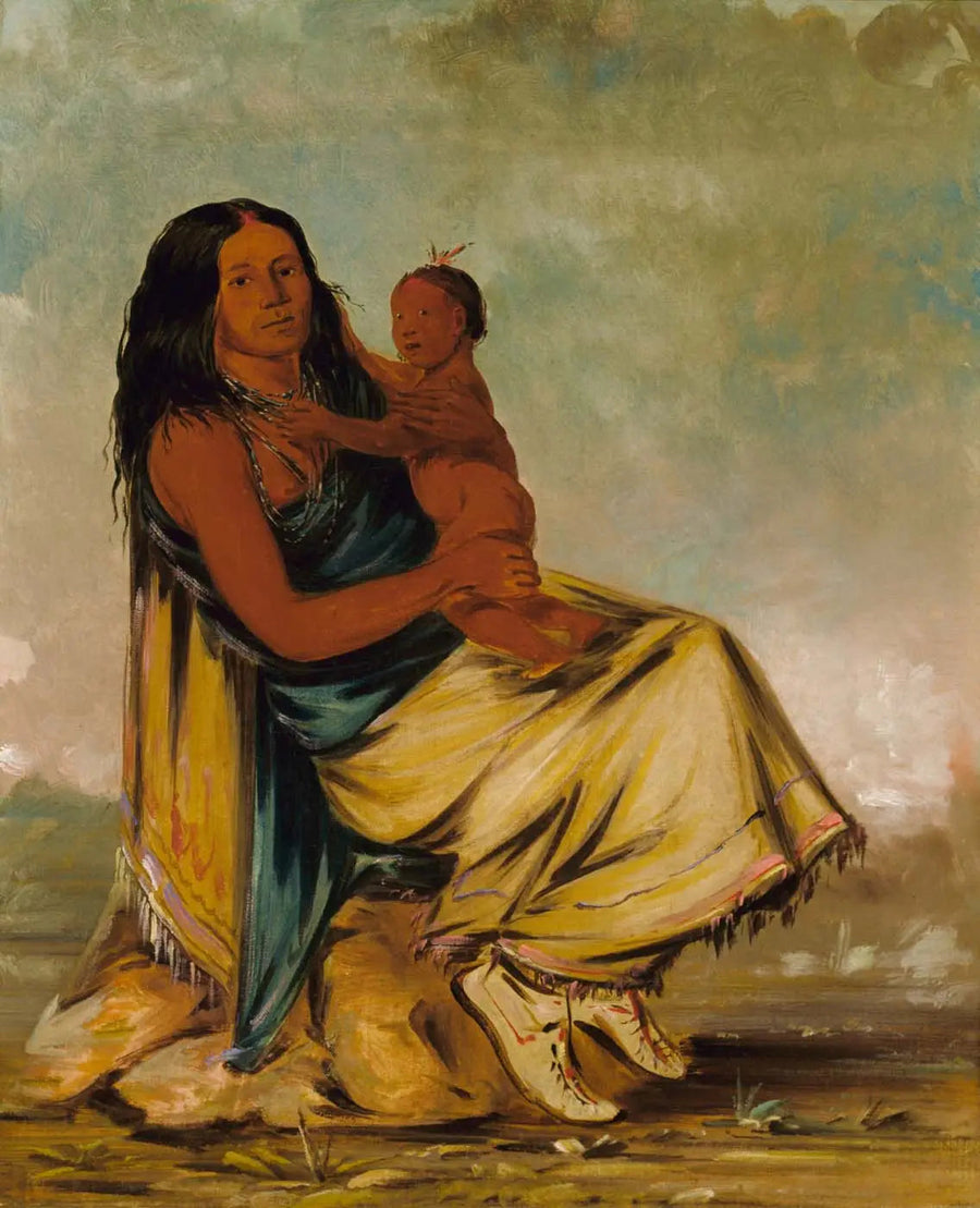 Wáh-chee-te, esposa de Clér-mont, e seu filho - George Catlin