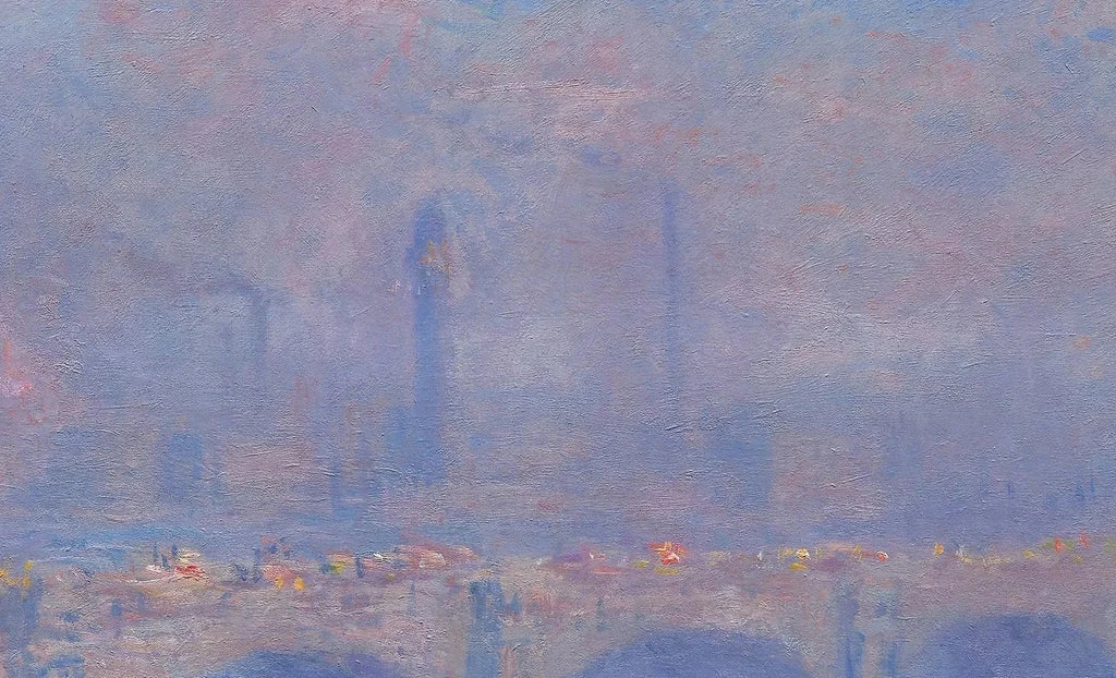 Détail de la brume violette, des cheminées et de la lumière sur la Tamise