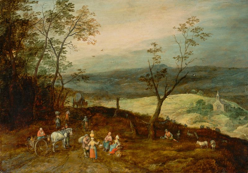Weite hügelige Landschaft mit Rast auf der Landstraße - Jan Brueghel le Jeune